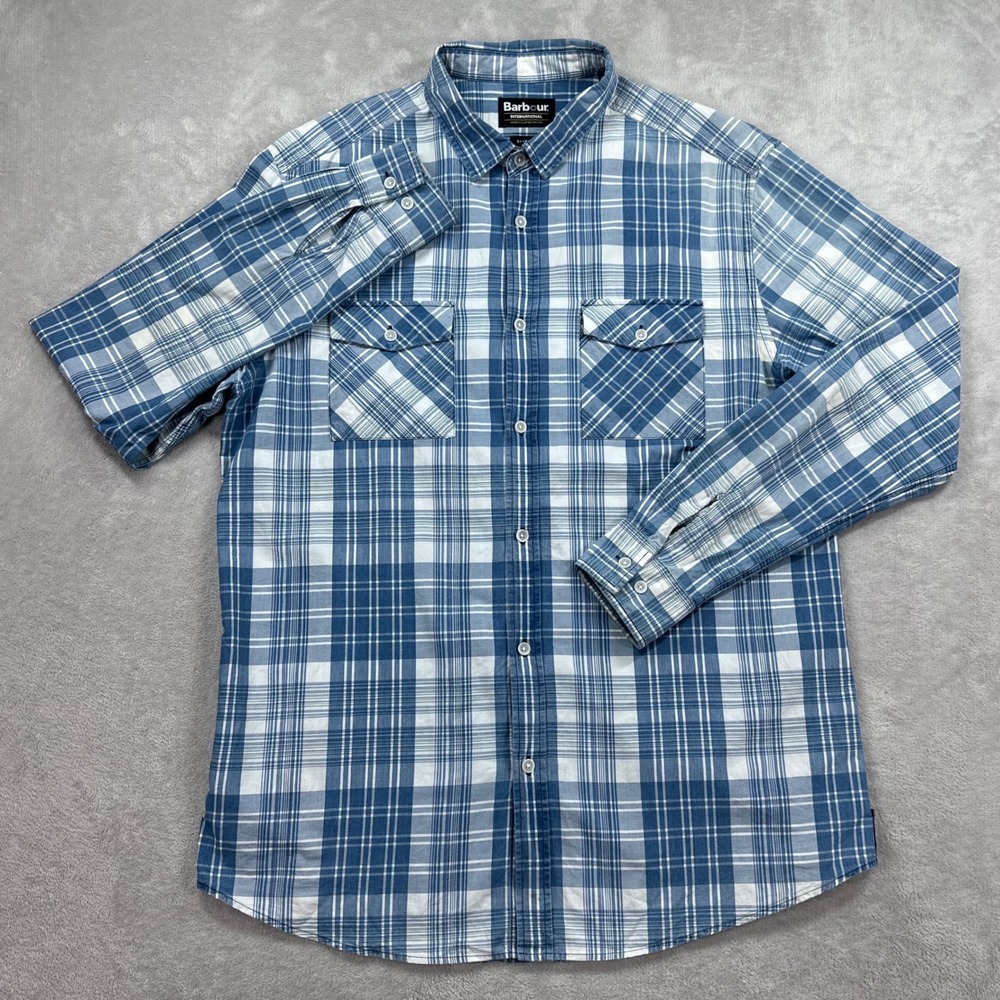 Barbour Shirt Mens Large Blue Plaid International Slim Fit Long Sleeve Preppy